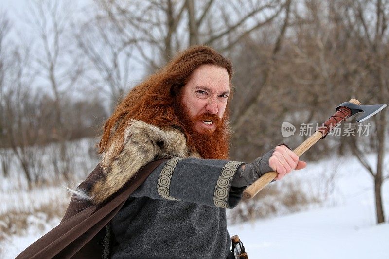 Angry Attacking Medieval Winter Snow Viking Warrior, Animal Pelt, Ax